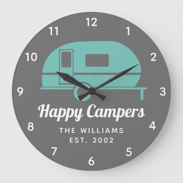 Happy Campers Gray Teal Camping Large Clock (Front)