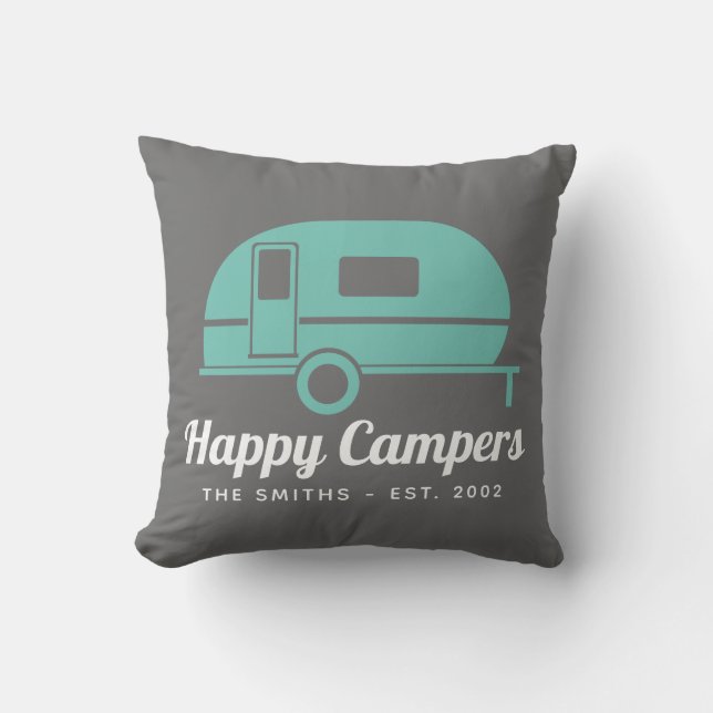 Happy Campers Gray Teal Camping Throw Pillow (Front)