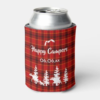 Happy Campers Lumberjack Theme Red Plaid Pattern Can Cooler by Nordic_designs at Zazzle