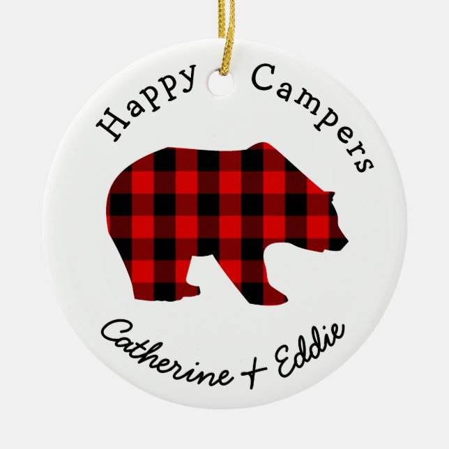 Happy Campers Names Rustic Buffalo Plaid Bear Ceramic Ornament (Front)