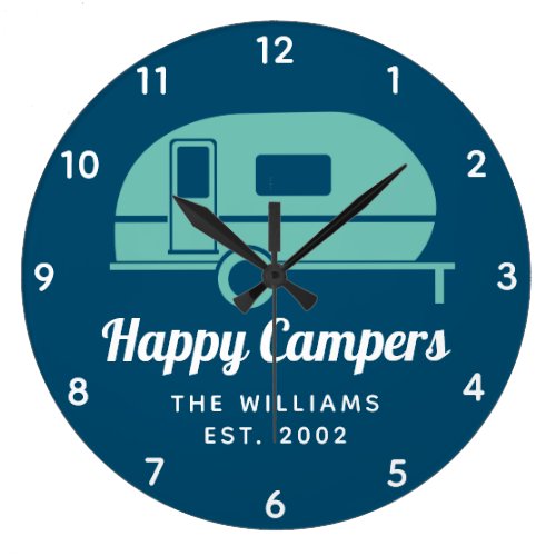 Happy Campers Navy Teal Camping Large Clock