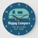 Happy Campers Navy Teal Camping Large Clock at Zazzle