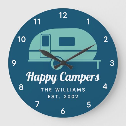 Happy Campers Navy Teal Camping Large Clock