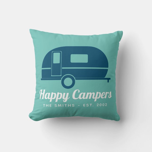 Happy Campers Navy Teal Camping Throw Pillow (Front)