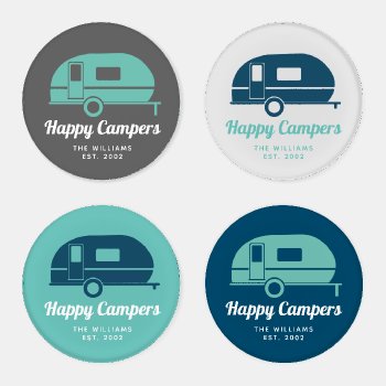 Happy Campers Navy Teal Gray Camping Coaster Set by NotableNovelties at Zazzle