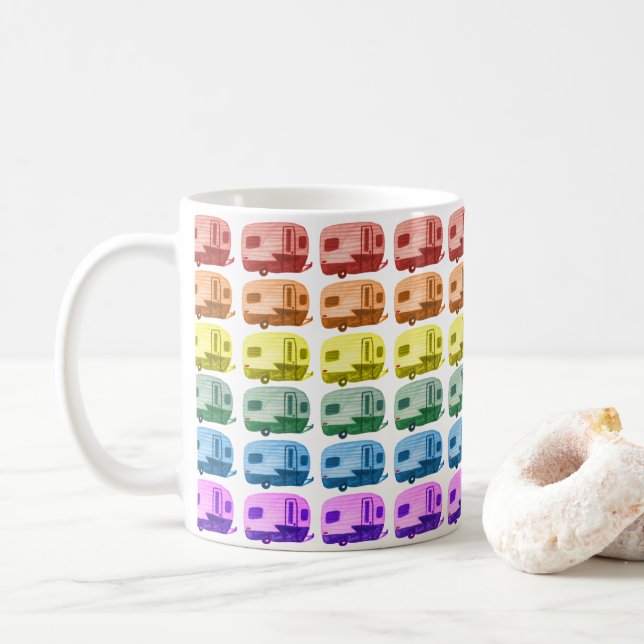 Happy Campers Rainbow Trailers Watercolor RVs Coffee Mug (With Donut)