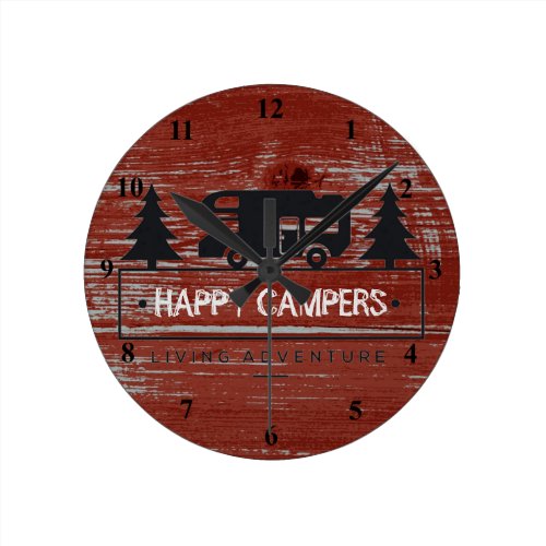 Happy Campers | Red Rustic Barn Wood RV Camping Round Clock
