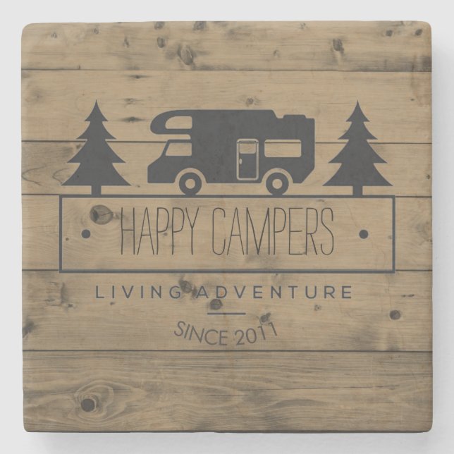 Happy Campers Retirement | Rustic Wood RV Camping Stone Coaster (Front)