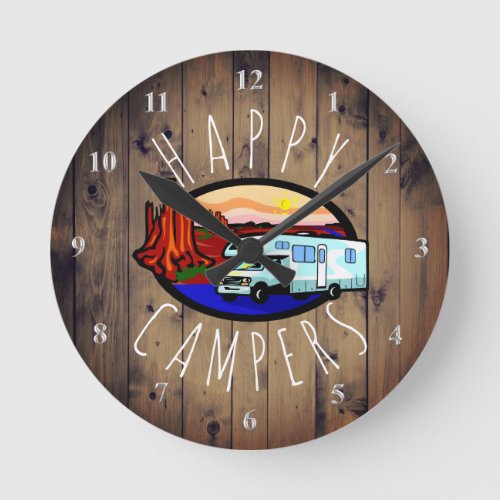 Happy Campers Retirement RV Camping Rustic Wood Round Clock