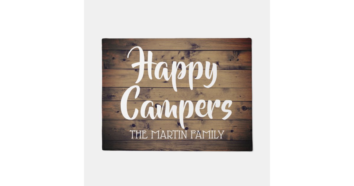 Happy Campers Rustic Barn Wood Personalized Doormat | Zazzle