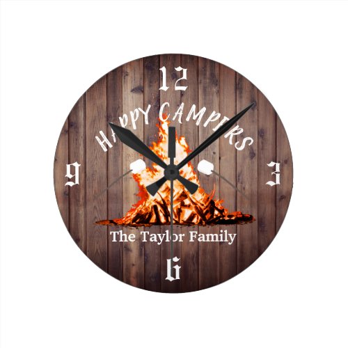 Happy Campers Rustic Bonfire Camping Family Name Round Clock