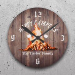 Happy Campers Rustic Bonfire Camping Family Name Round Clock<br><div class="desc">Happy Campers Rustic Bonfire Camping Family Name Clocks.</div>