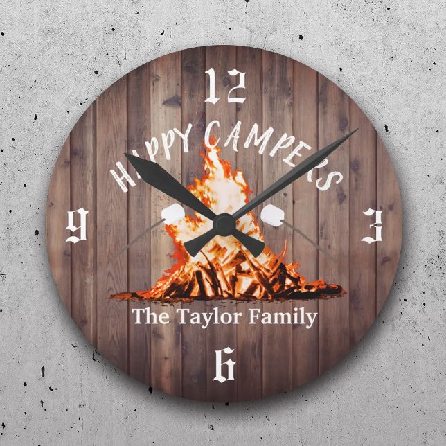 Happy Campers Rustic Bonfire Camping Family Name Round Clock (Creator Uploaded)