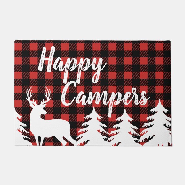 Happy Campers Rustic Buffalo Check Plaid & Deer Doormat (Front)