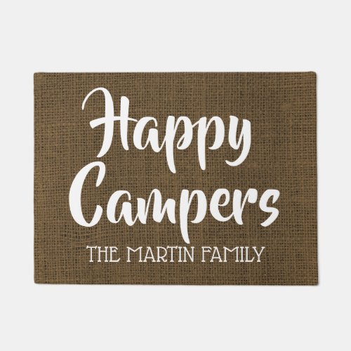 Happy Campers Rustic Burlap Personalized Doormat