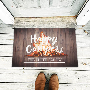 Happy Campers Rustic Camping Bonfire Family Name Doormat by myinvitation at Zazzle