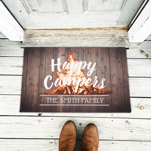 Happy Campers Rustic Camping Bonfire Family Name Doormat