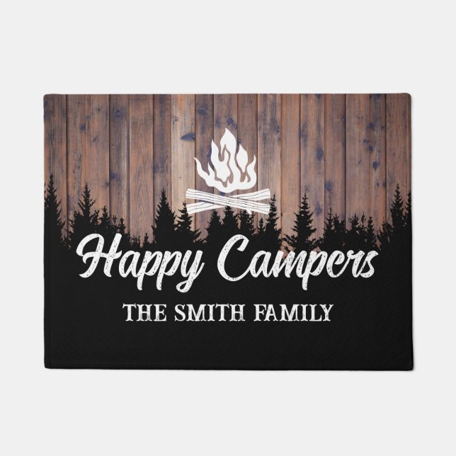 Happy Campers Rustic Camping Fire Family Name Doormat (Front)