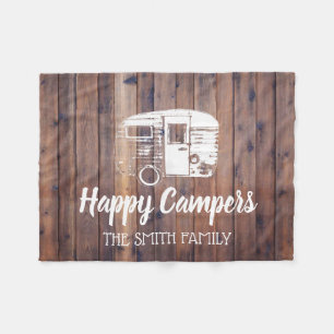 Happy Campers Rustic Camping Trailer Family Name Fleece Blanket