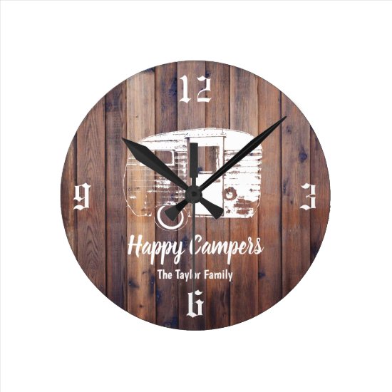 Happy Campers Rustic Camping Trailer Family Name Round Clock