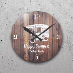 Happy Campers Rustic Camping Trailer Family Name Round Clock<br><div class="desc">Happy Campers Rustic Camping Trailer Family Name Clocks.</div>