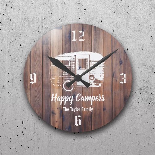 Happy Campers Rustic Camping Trailer Family Name Round Clock