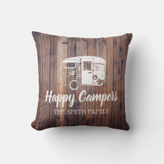 Happy Campers Rustic Camping Trailer Family Name Throw Pillow (Front)