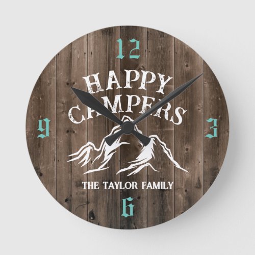 Happy Campers Rustic Mountain Camping Family Name  Round Clock