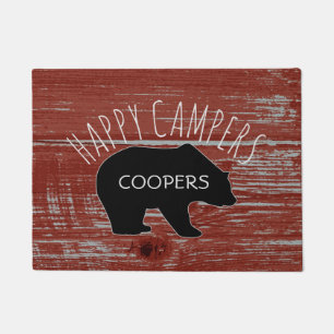 Happy Campers Rustic Red Barn Wood Bear Monogram Doormat