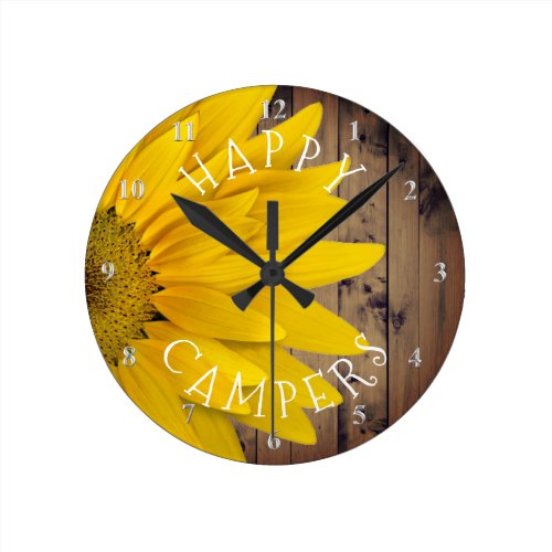 Happy Campers Rustic Sunflower Camping Retirement Round Clock