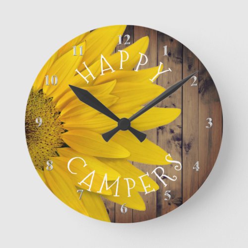 Happy Campers Rustic Sunflower Camping Retirement Round Clock