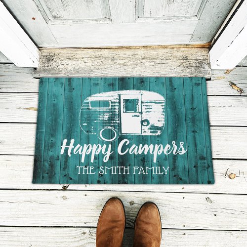 Happy Campers Rustic Teal Barn Camping Family Name Doormat