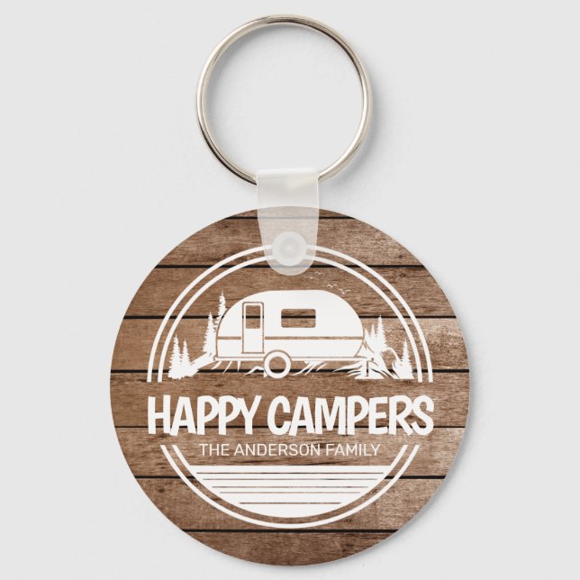 Happy Campers Rustic Wood Camping Keychain (Front)