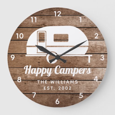 Happy Campers Rustic Wood Camping Large Clock
