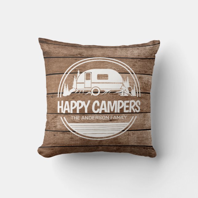 Happy Campers Rustic Wood Camping Throw Pillow (Front)