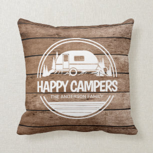 Happy Campers Rustic Wood Camping Throw Pillow
