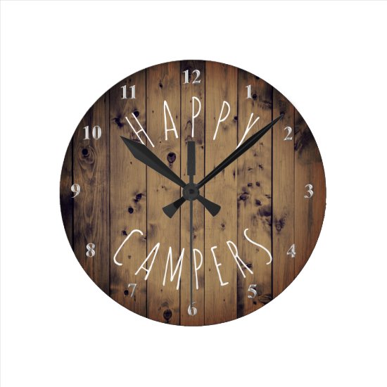Happy Campers Rustic Wood | Retirement RV Camping Round Clock