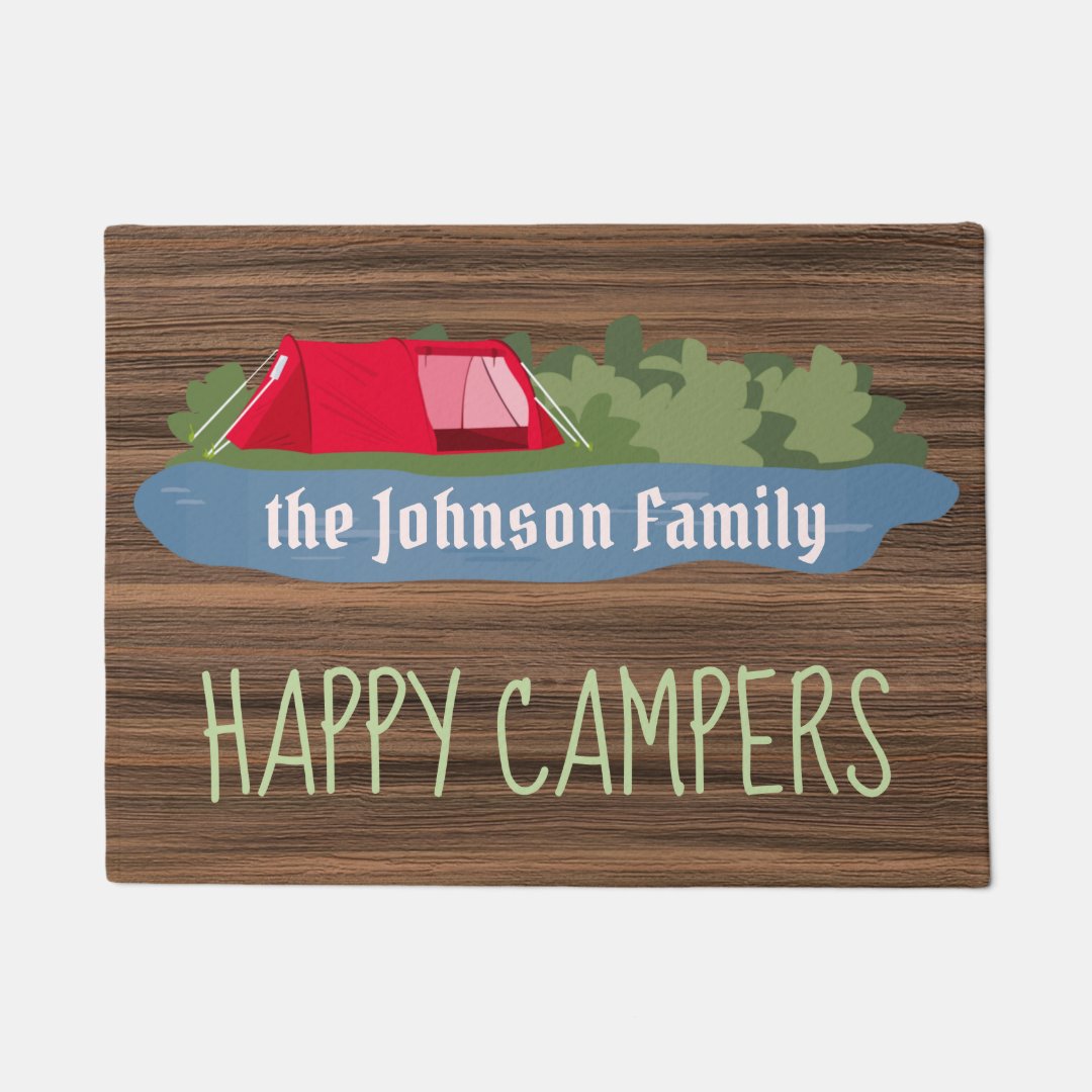 Happy campers rustic wood tent tree camping custom doormat Zazzle