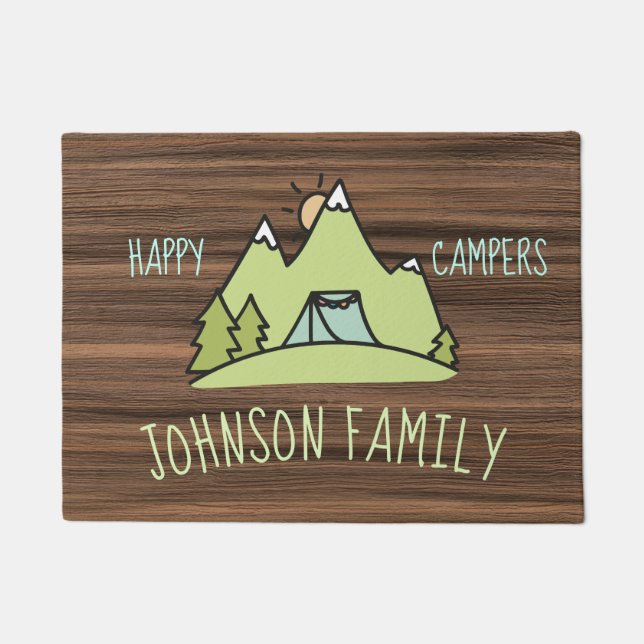 Happy campers rustic wood tent tree camping custom doormat (Front)