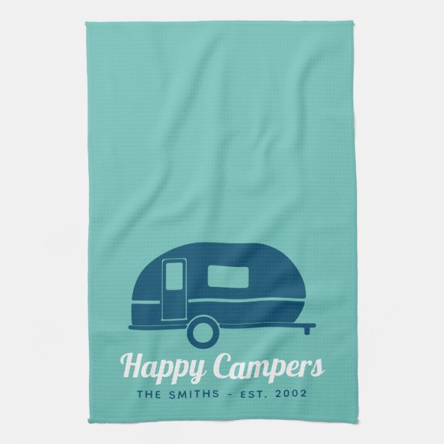 Happy Campers Teal Navy Camping Kitchen Towel (Vertical)