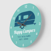 Happy Campers Teal Navy Camping Large Clock (Angle)