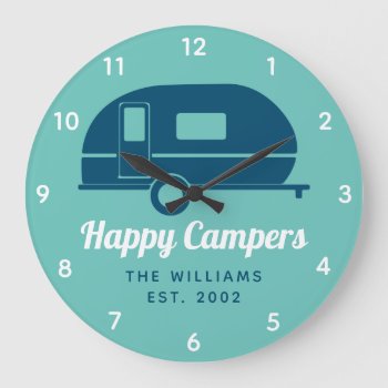 Happy Campers Teal Navy Camping Large Clock by NotableNovelties at Zazzle