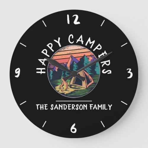 Happy Campers Tent Custom Family Name Camping Large Clock