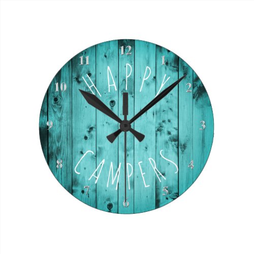 Happy Campers Turquoise Wood Retirement RV Camping Round Clock