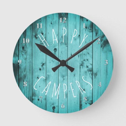 Happy Campers Turquoise Wood Retirement RV Camping Round Clock