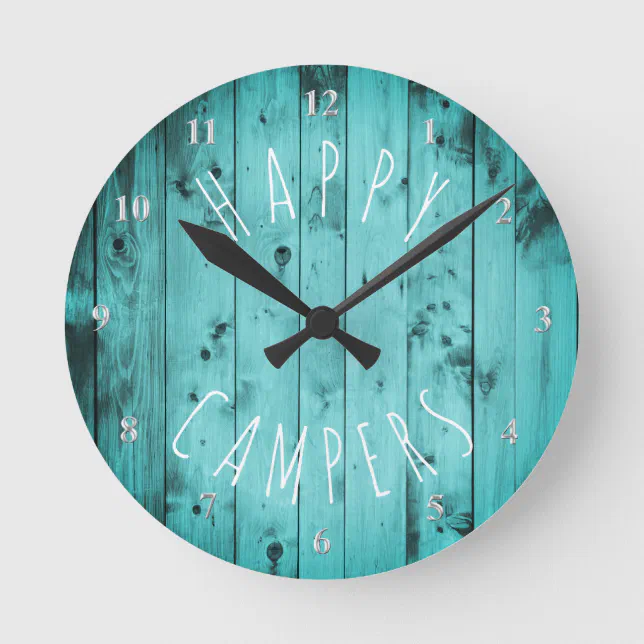 Happy Campers Turquoise Wood Retirement RV Camping Round Clock Zazzle