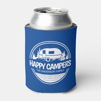 Happy Campers Vintage Blue Camping  Can Cooler by NotableNovelties at Zazzle