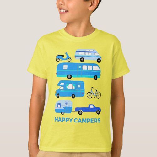 HAPPY CAMPERS Vintage Camping Trailer RV Van Blue T_Shirt