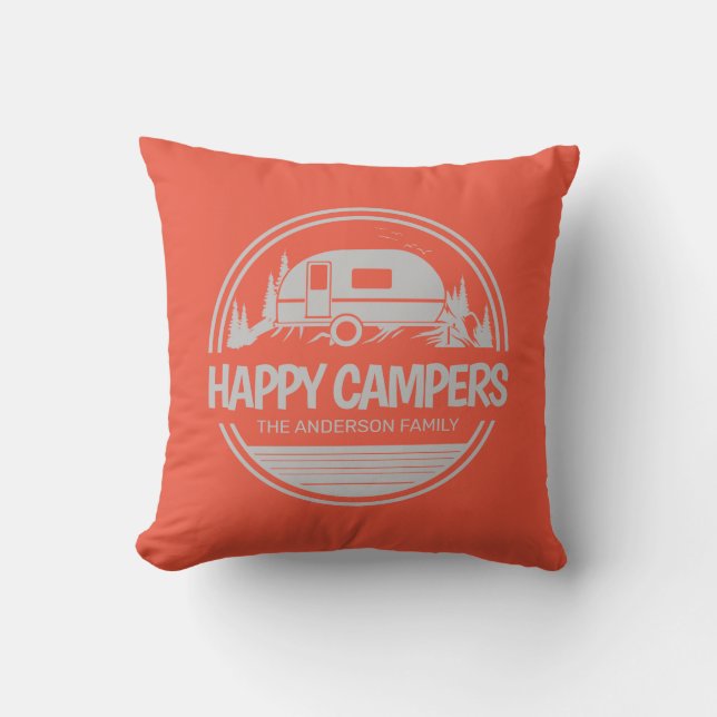 Happy Campers Vintage Silhouette Camping Throw Pillow (Front)