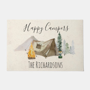 Happy Campers Watercolor Personalize Camp Tent Doormat